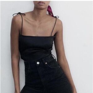 black Zara silk satin tie spaghetti strap smocked crop cami camisole tank top